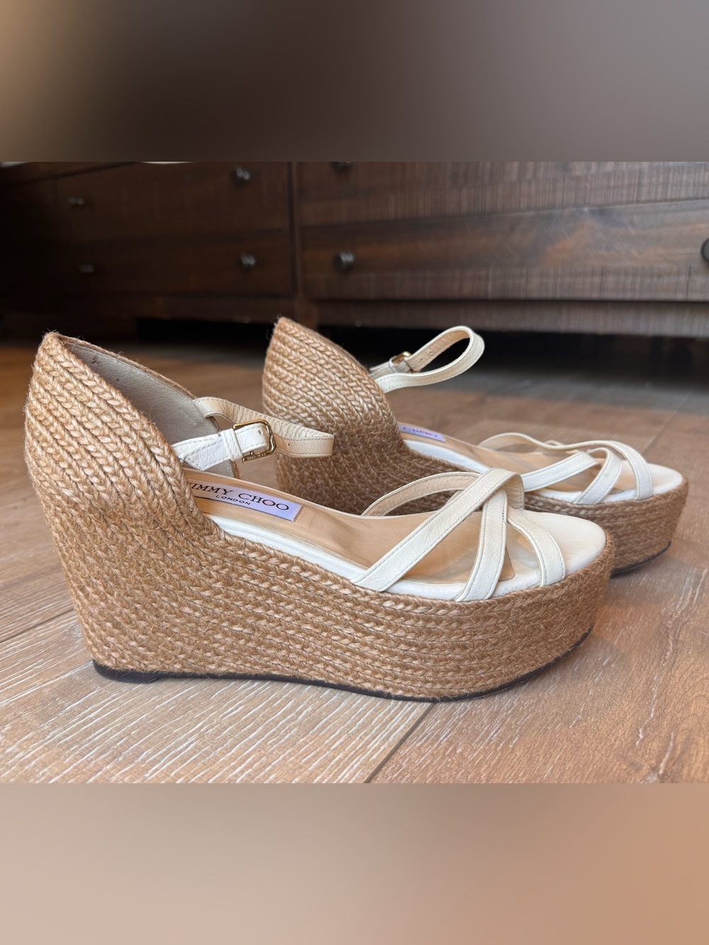 Jimmy Choo Delaney Sandal Cream Leather Espadrille Wedge Sandals